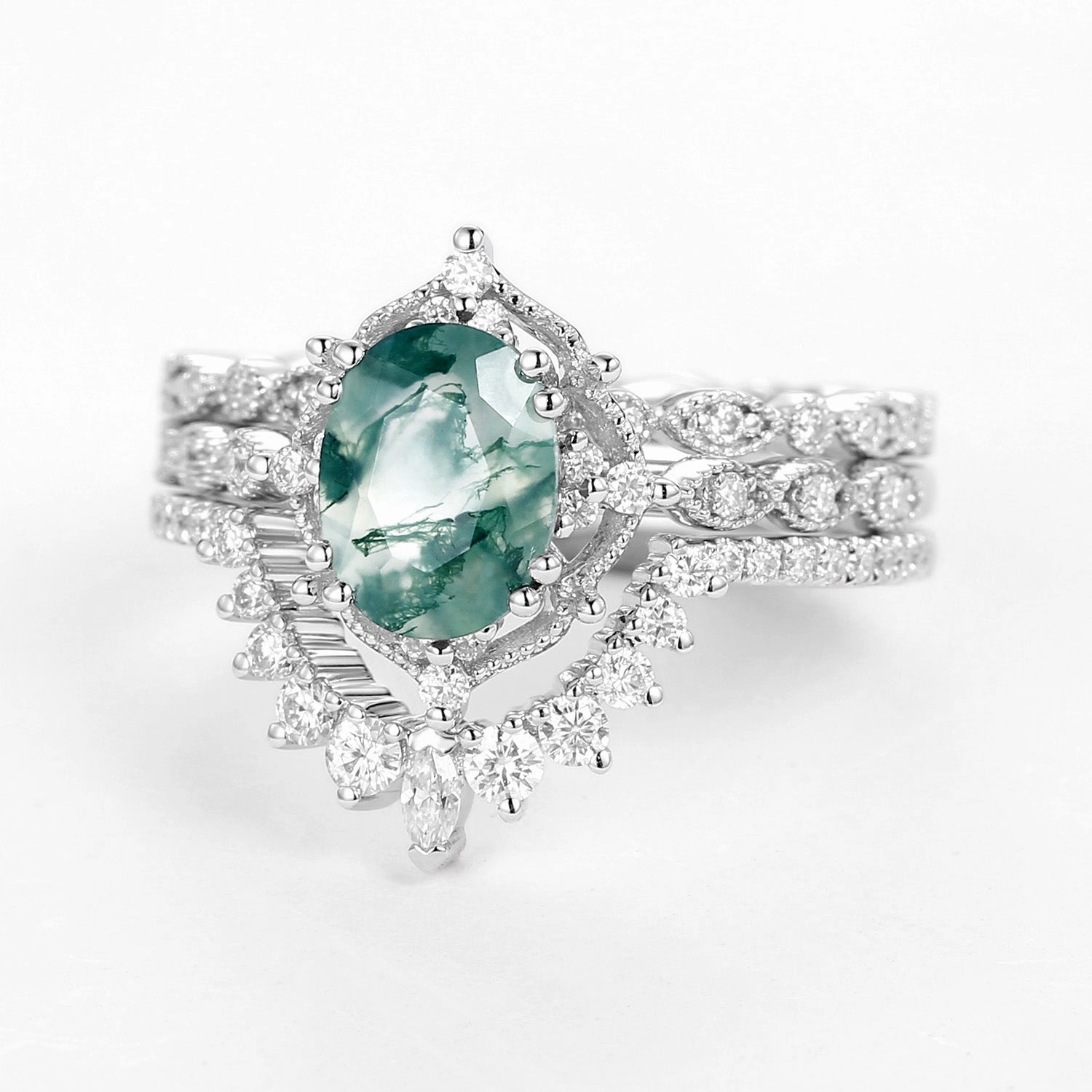 Polished Radiance Sparkling Craftwork 1.5ct Moss Agate Signature Vintage White Gold Ring Set 3pcs