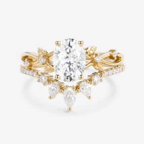 1.5ct Oval Cut Moissanite Leafy White Gold Ring Set 2pcs - Wrenley Modern Contour Pure Form