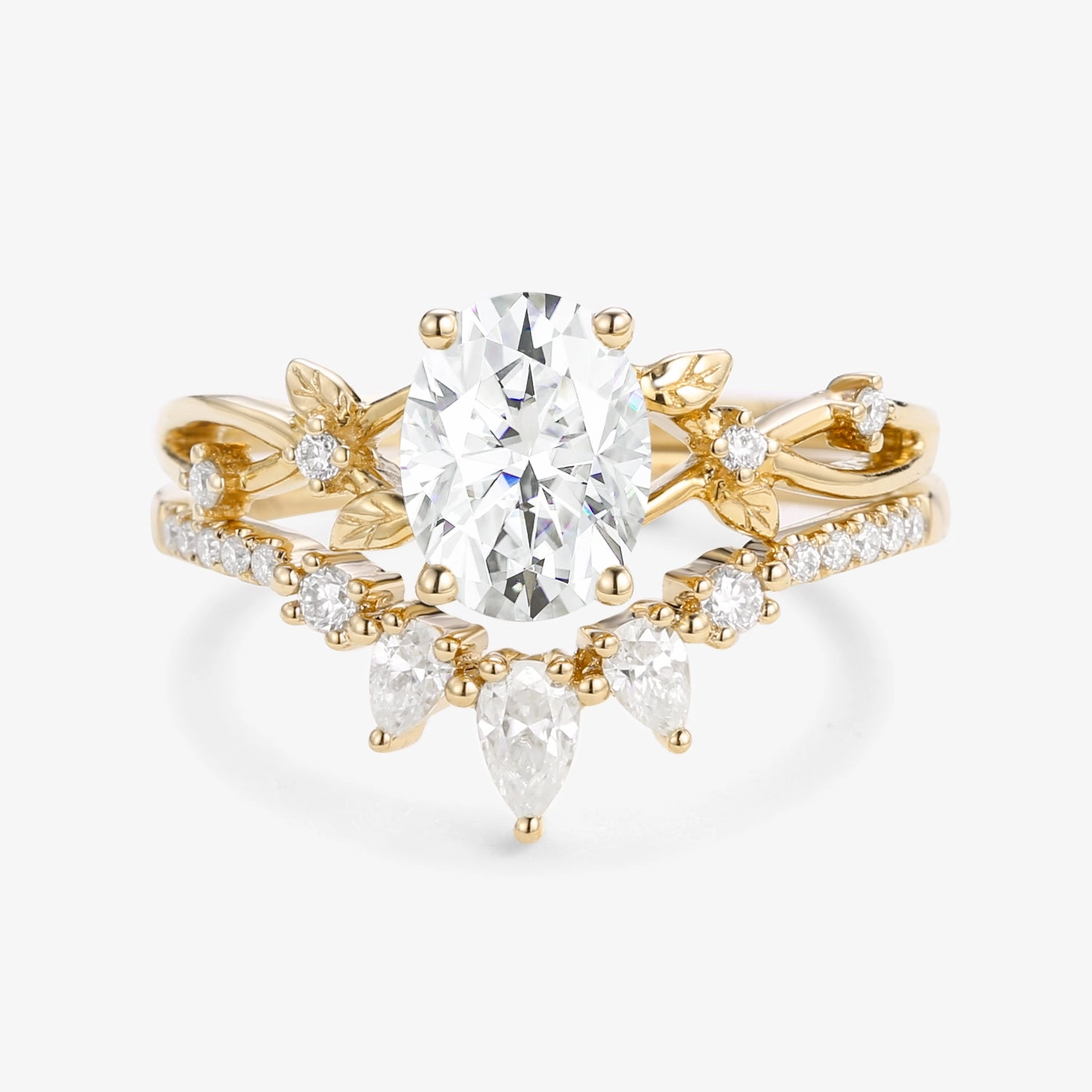 1.5ct Oval Cut Moissanite Leafy White Gold Ring Set 2pcs - Wrenley Modern Contour Pure Form