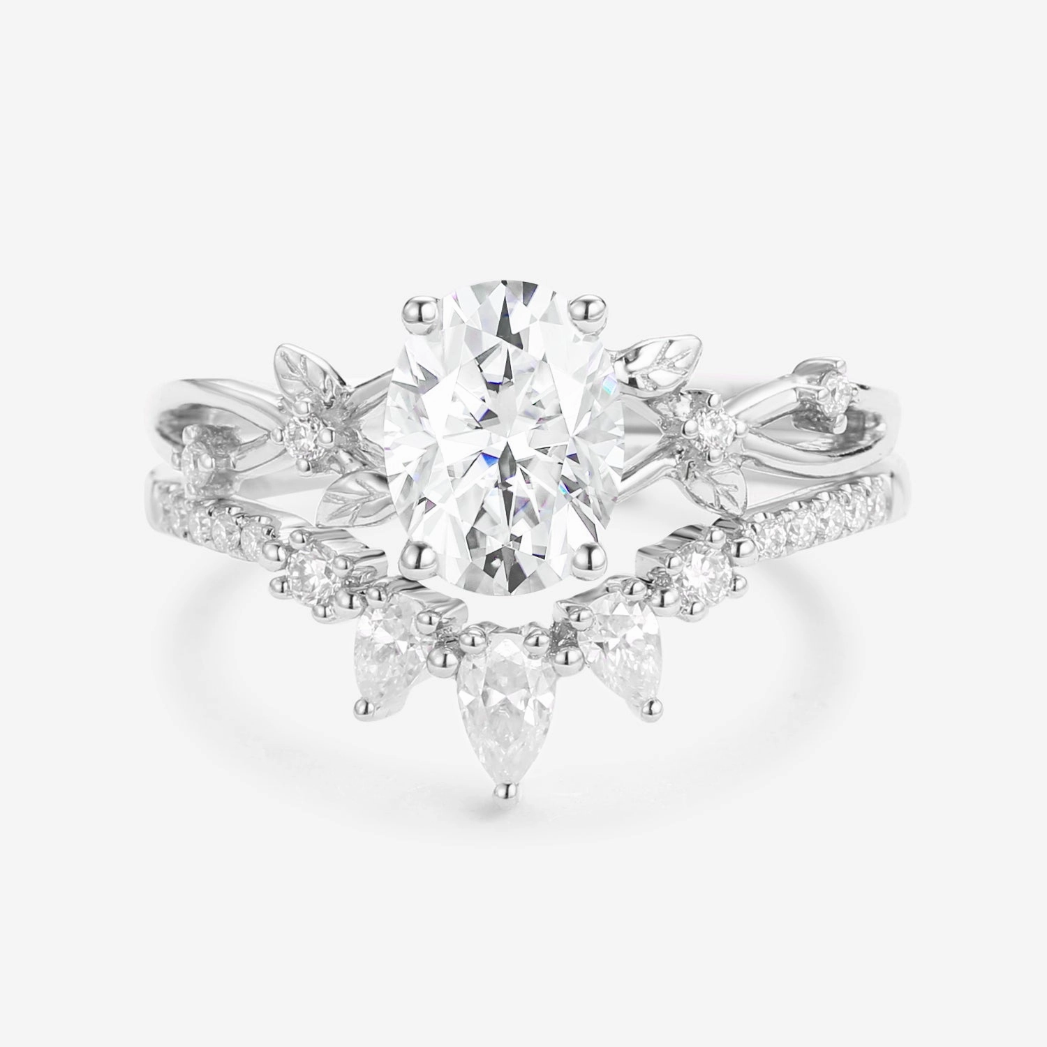 Fashion Sparkle Precious Craft 1.5ct Oval Cut Moss Agate Leafy White Gold Ring Set 2pcs - Wrenley