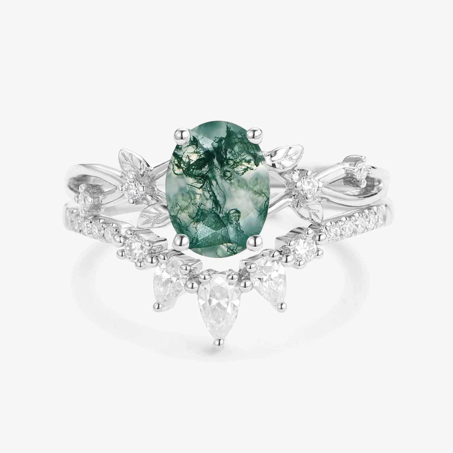 1.5ct Oval Cut Moss Agate Leafy White Gold Ring Set 2pcs - Wrenley Romantic Edge Fashion Sparkle