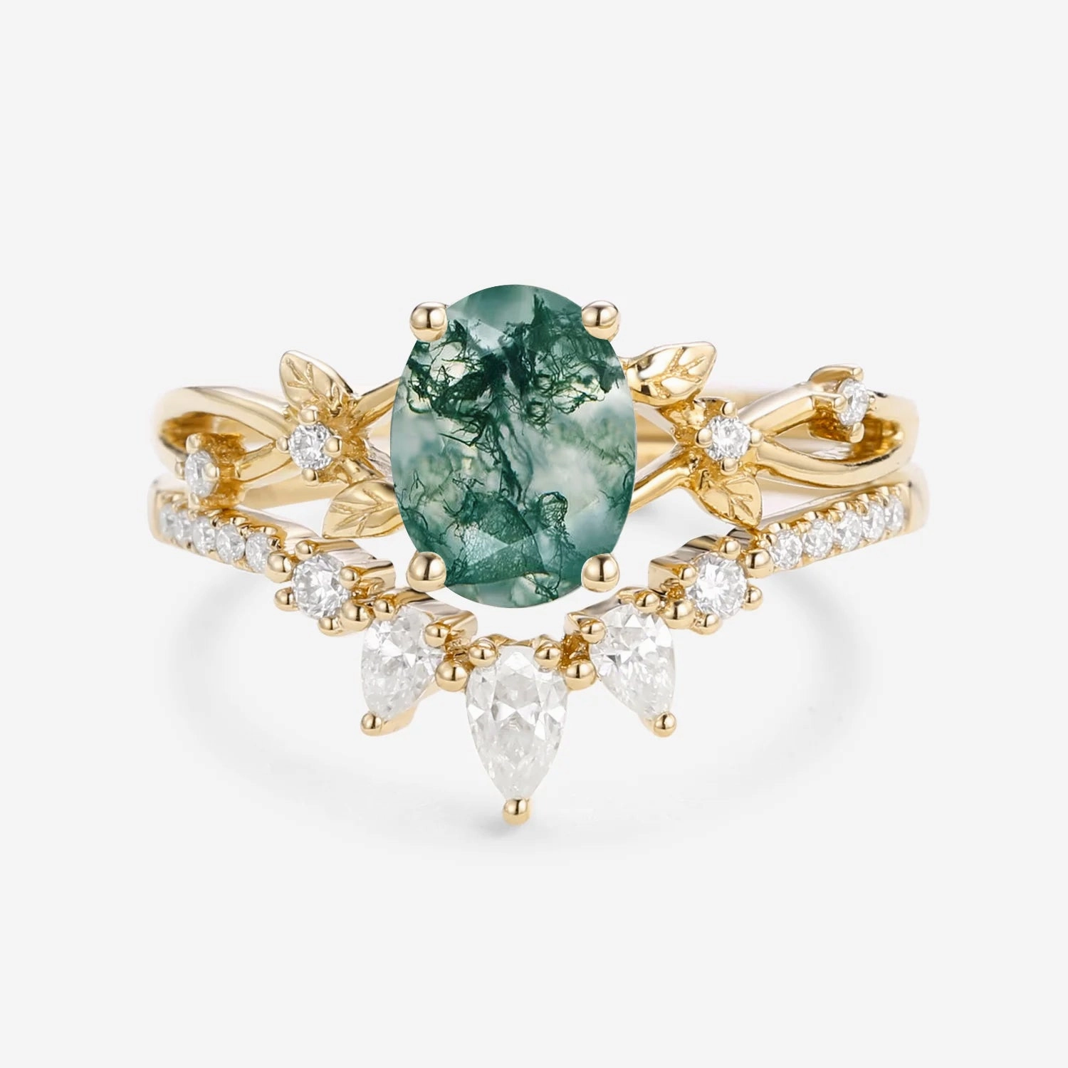 1.5ct Oval Cut Moss Agate Leafy White Gold Ring Set 2pcs - Wrenley Boho Mood