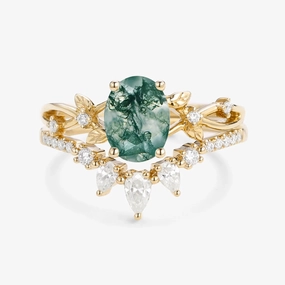 1.5ct Oval Cut Moss Agate Leafy White Gold Ring Set 2pcs - Wrenley Boho Mood