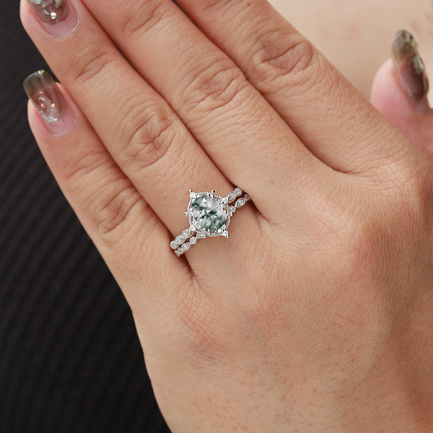 1.5ct Oval Cut Moss Agate Signature Vintage Ring Set 2pcs Signature Detail