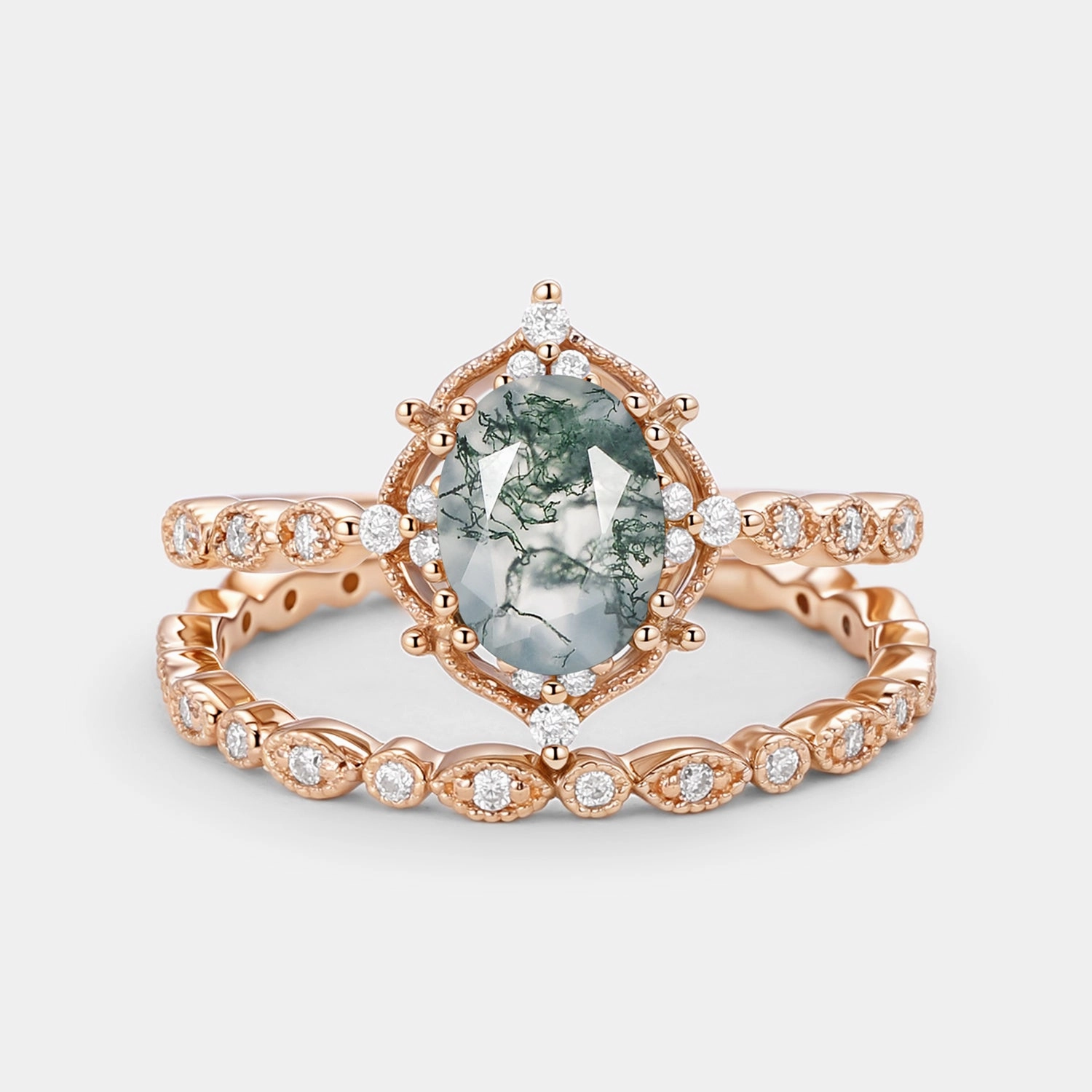 Timeless Pieces Simple Touch 1.5ct Oval Cut Moss Agate Signature Vintage Ring Set 2pcs
