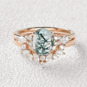 1.5ct Oval Cut Moss Agate Stacking Engagement Ring Set 2pcs Stylish Form