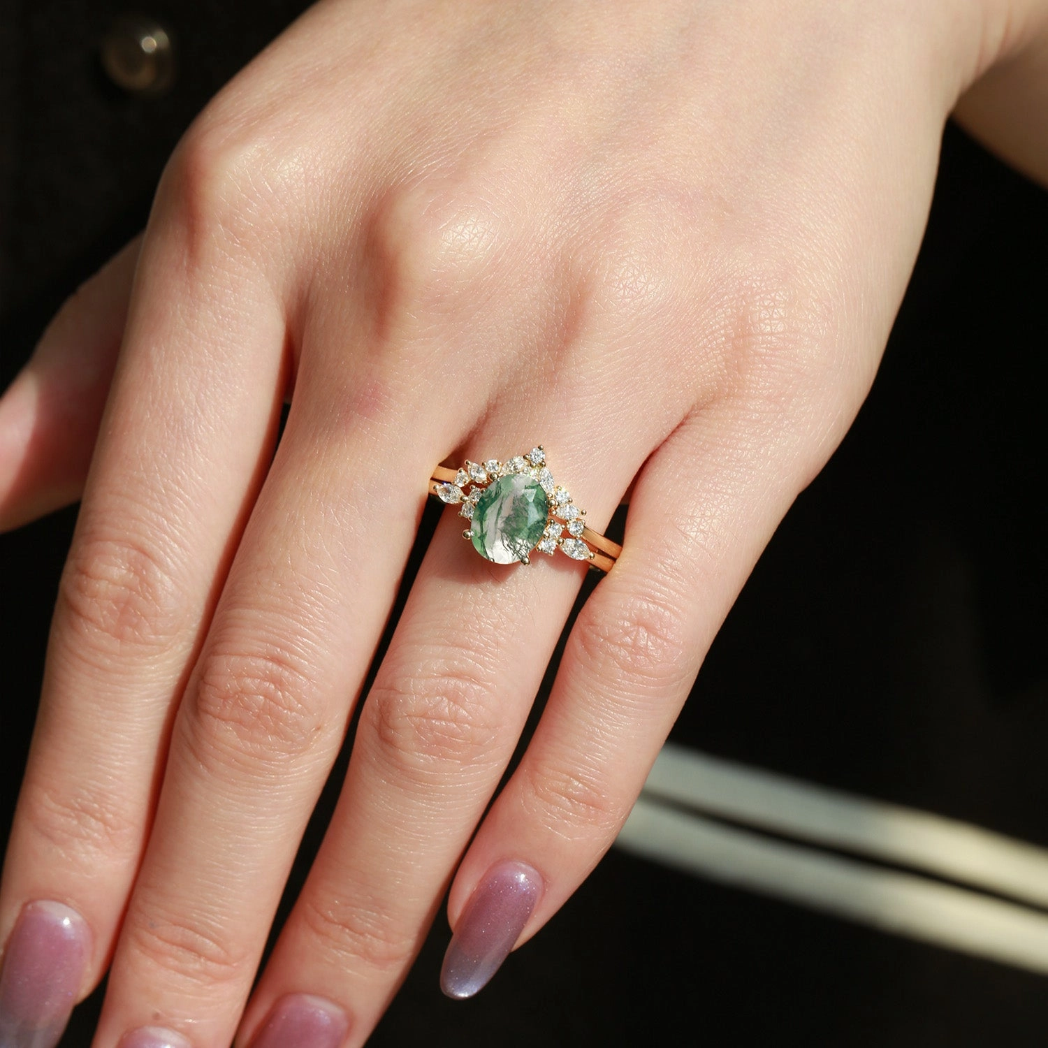 High-Quality Piece Distinctive pieces 1.5ct Oval Cut Moss Agate Stacking Engagement Ring Set 2pcs