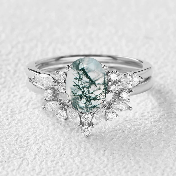 Polished Craft Daring Look 1.5ct Oval Cut Moss Agate Stacking Engagement Ring Set 2pcs