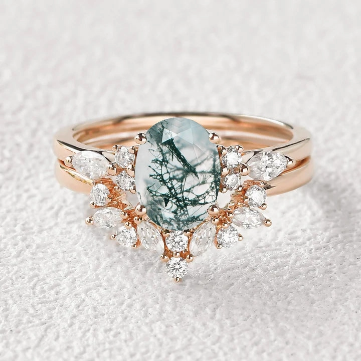 1.5ct Oval Cut Moss Agate Stacking Engagement Ring Set 2pcs Stylish Form