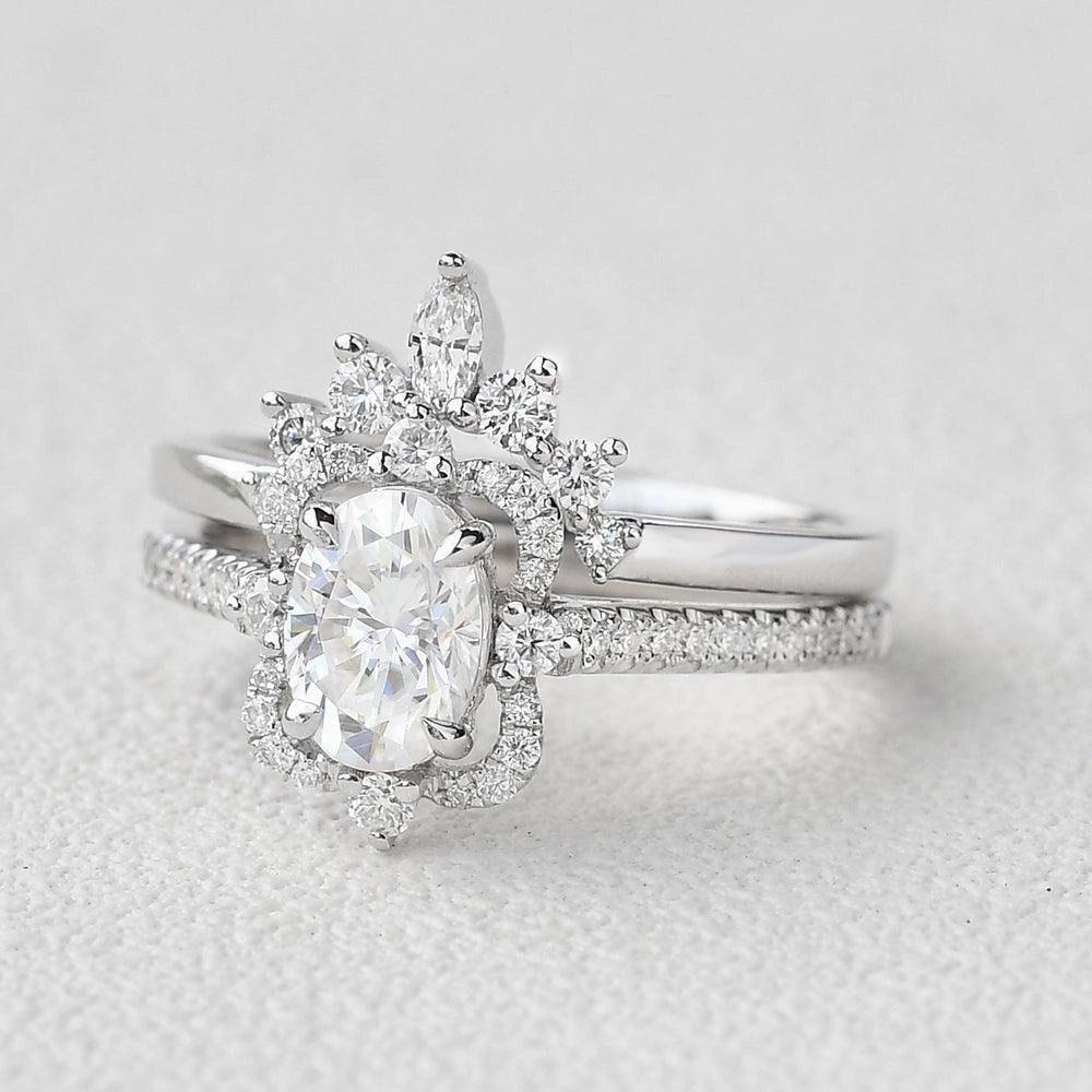 Delicate Layer 1.5ct Oval Moissanite Art-Deco Cluster Ring Set 2pcs