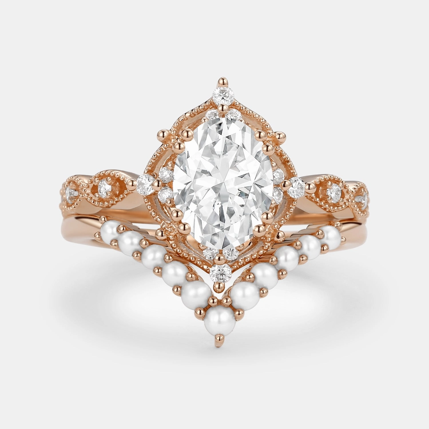 1.5ct Oval Moissanite Signature Vintage Pearl-fect Ring Set 2pcs - Slate party accessory