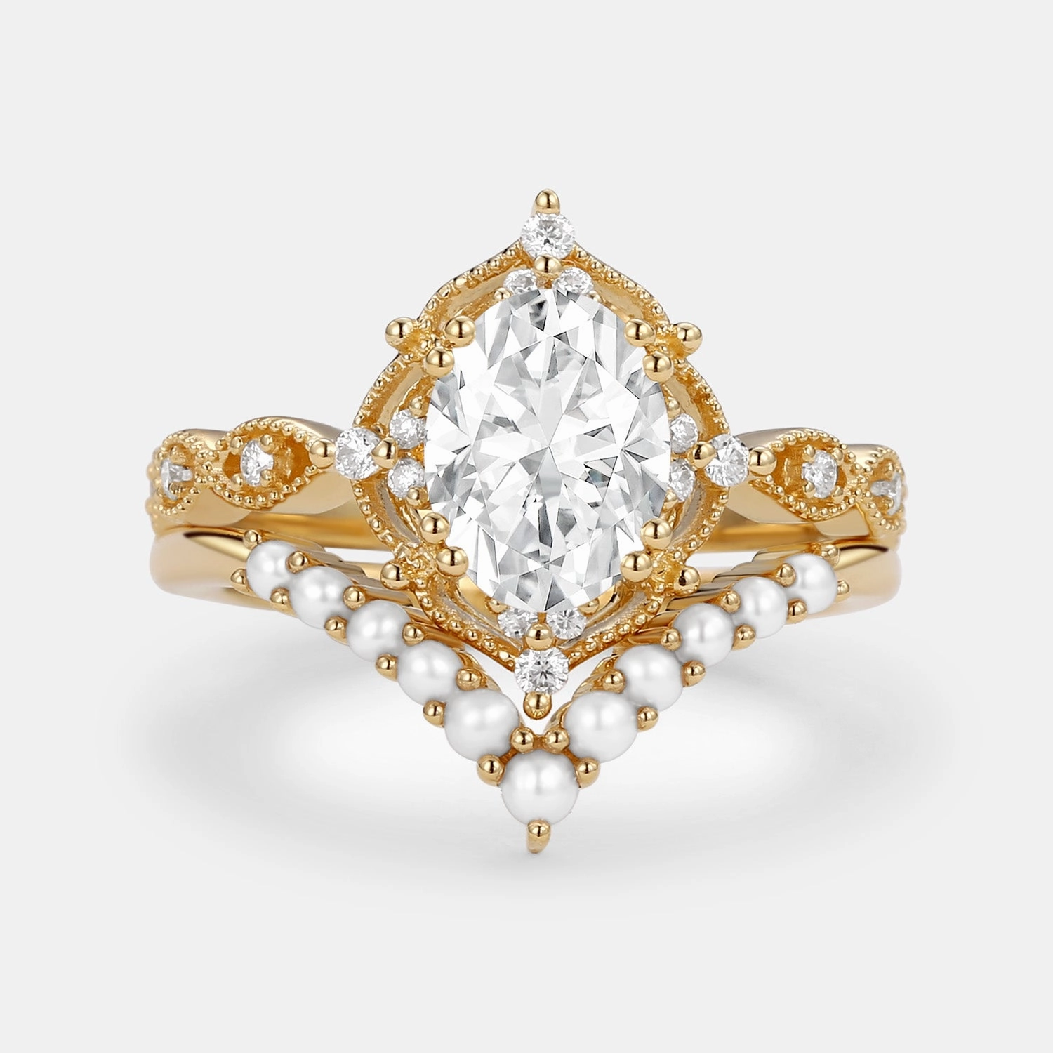 Elegant feature Easy Style 1.5ct Oval Moissanite Signature Vintage Pearl-fect Ring Set 2pcs - Slate