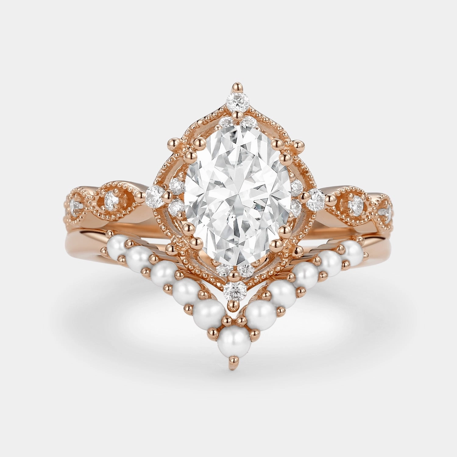 1.5ct Oval Moissanite Signature Vintage Pearl-fect Ring Set 2pcs - Slate Brilliant Sparkle