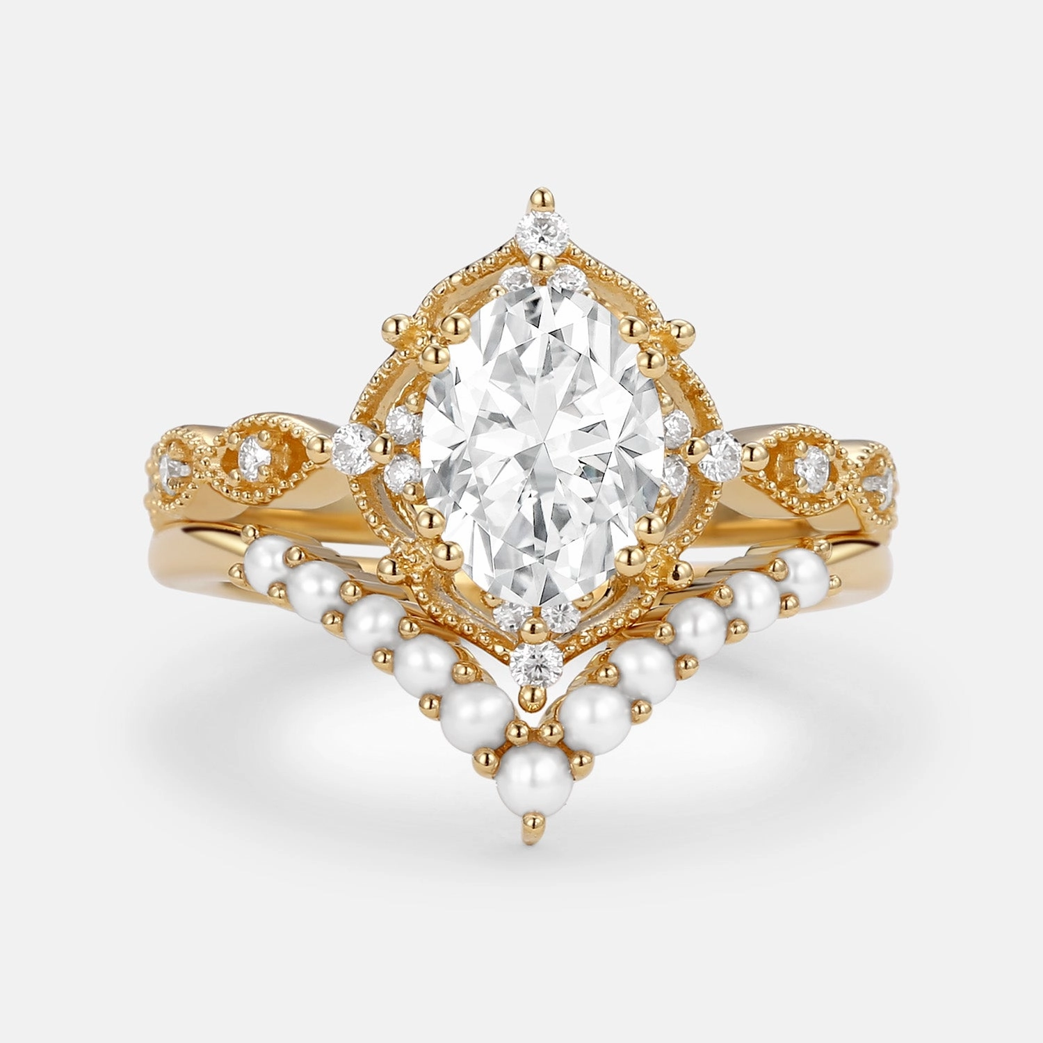 Refined Element 1.5ct Oval Moissanite Signature Vintage Pearl-fect Ring Set 2pcs - Slate