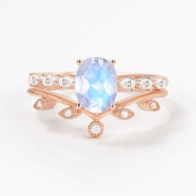 Daily Detail 1.5ct Oval Moonstone Pave Vintage Leafy Ring Set 2pcs
