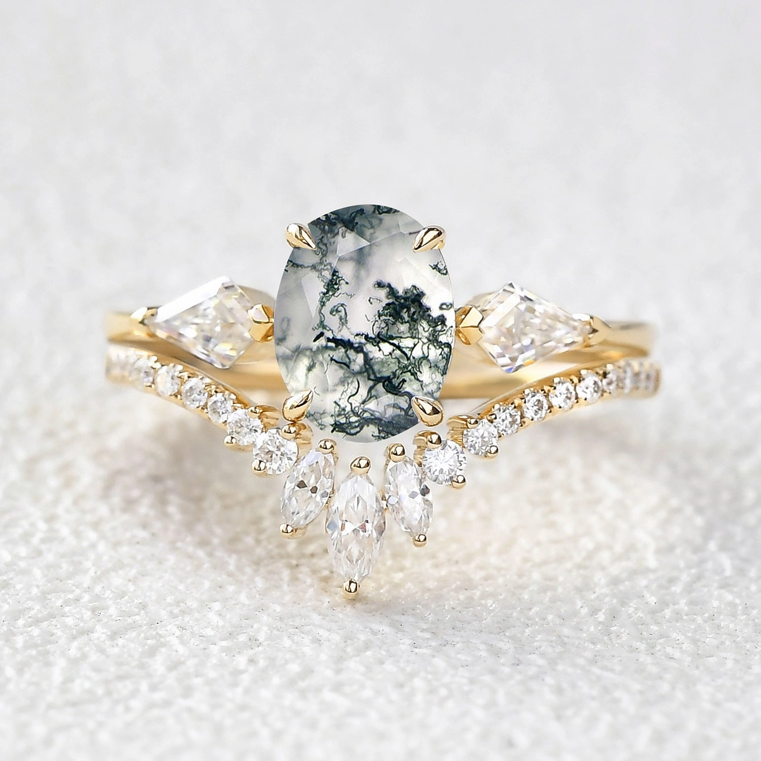 1.5ct Oval Moss Agate Kite Three Stones Engagement Ring Set 2pcs Vibrant Finish