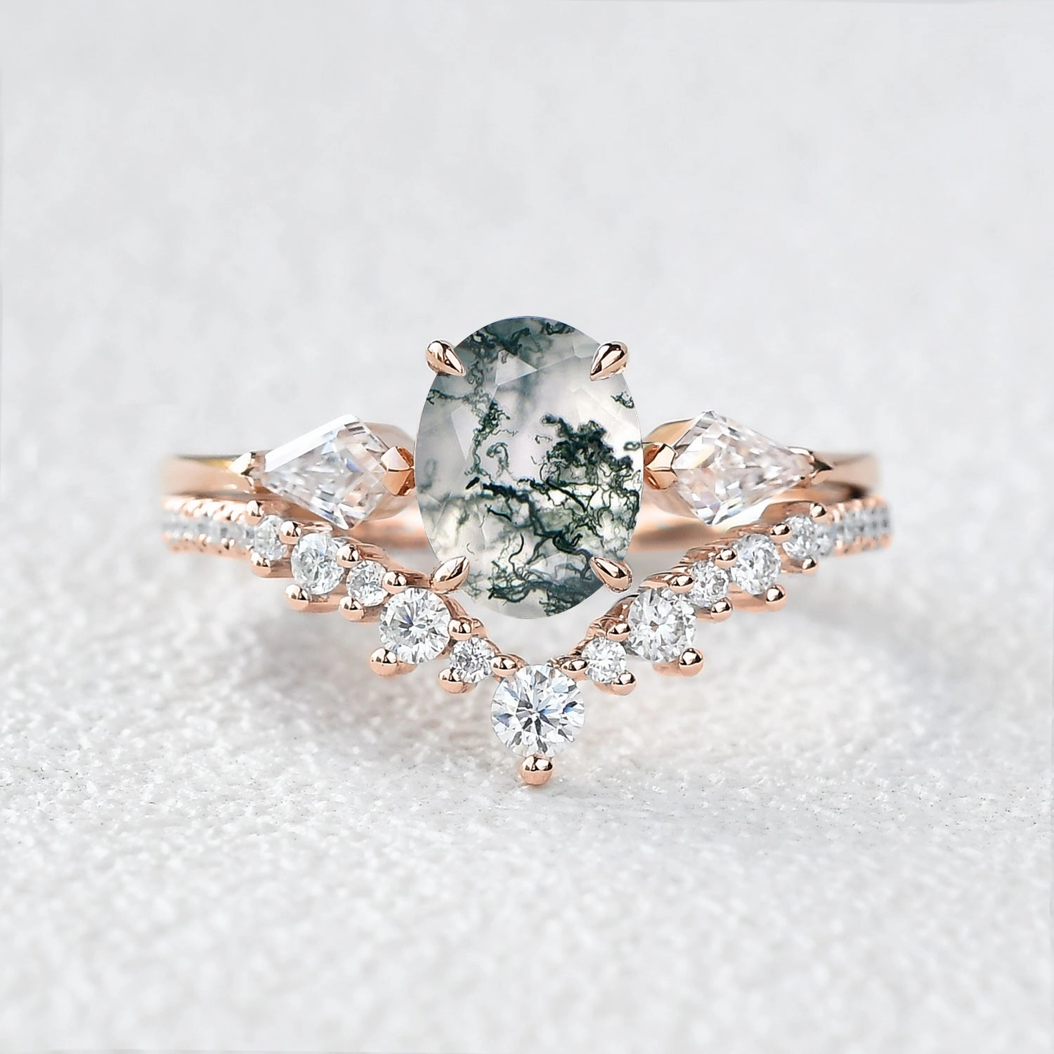 1.5ct Oval Moss Agate Three Stones Engagement Ring Set 2pcs Artisan Style True Elegance