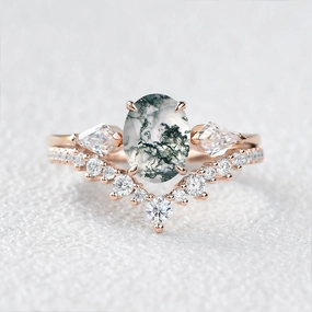 1.5ct Oval Moss Agate Three Stones Engagement Ring Set 2pcs Artisan Style True Elegance