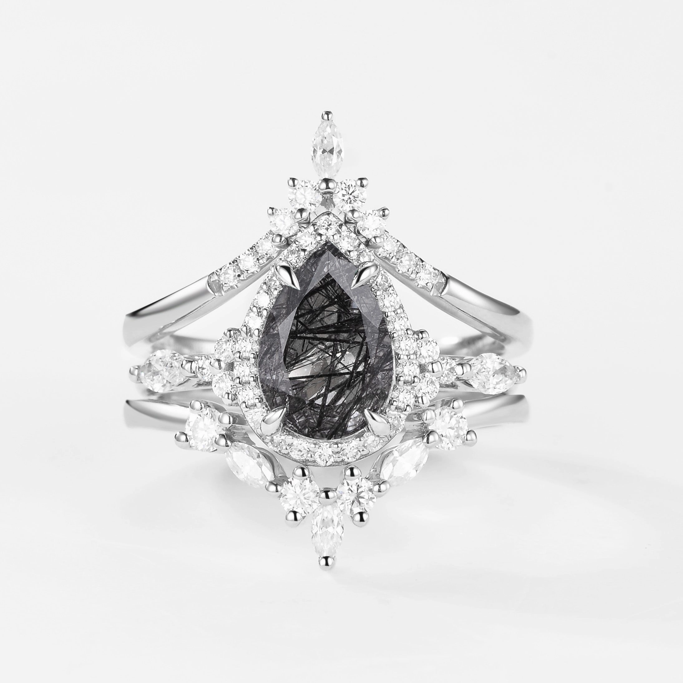 1.5ct Pear Cut Black Rutilated Quartz Gold Ring Set 3pcs - Louisa Fresh Form Gloss Layer