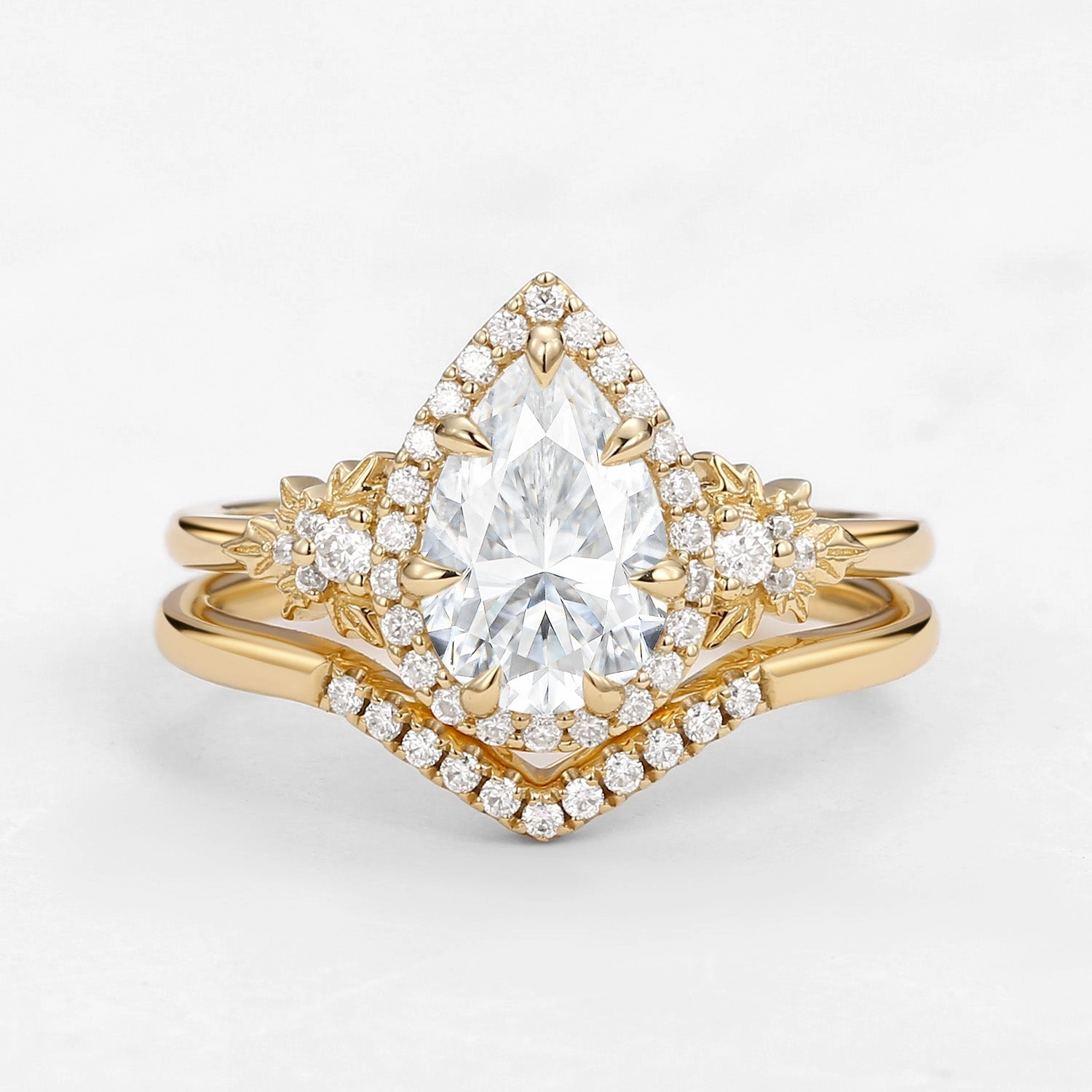 1.5ct Pear Moissanite Maple Leafy Halo Infinity Ring Set 2pcs - Tara High-End Quality Vibrant Jewelry Shine