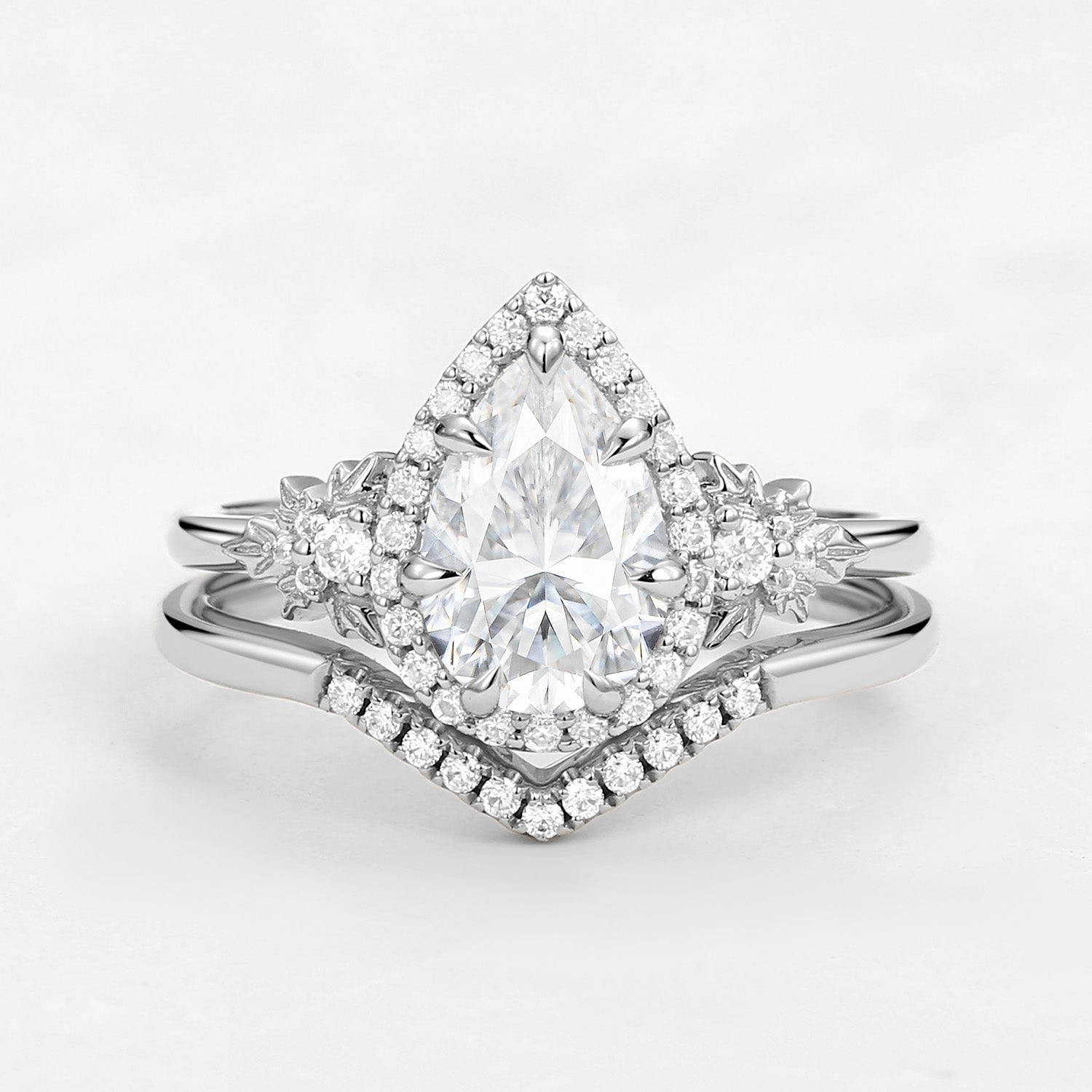 1.5ct Pear Moissanite Maple Leafy Halo Infinity Ring Set 2pcs - Tara Luxury Feel Glam Light