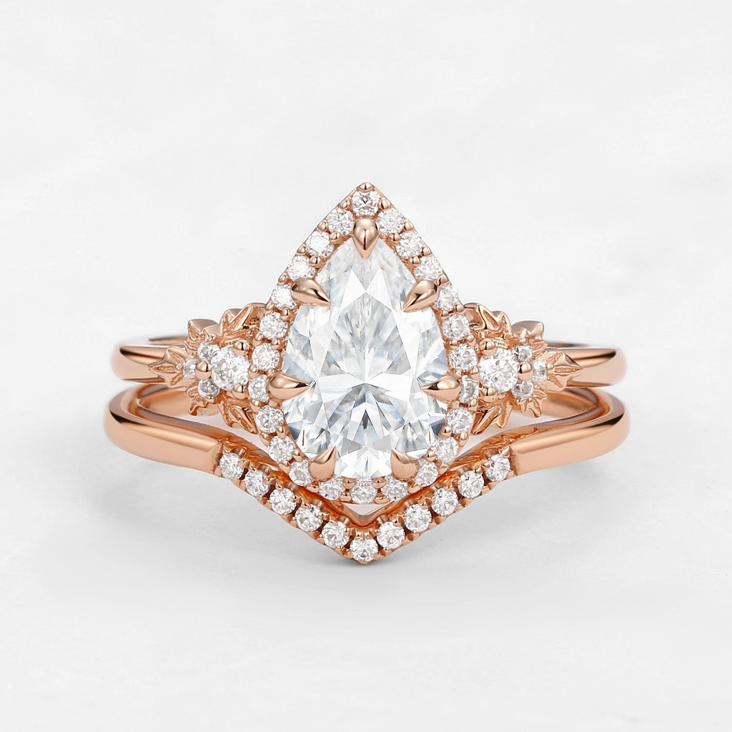 1.5ct Pear Moissanite Maple Leafy Halo Infinity Ring Set 2pcs - Tara Casual Classic Cozy Glow