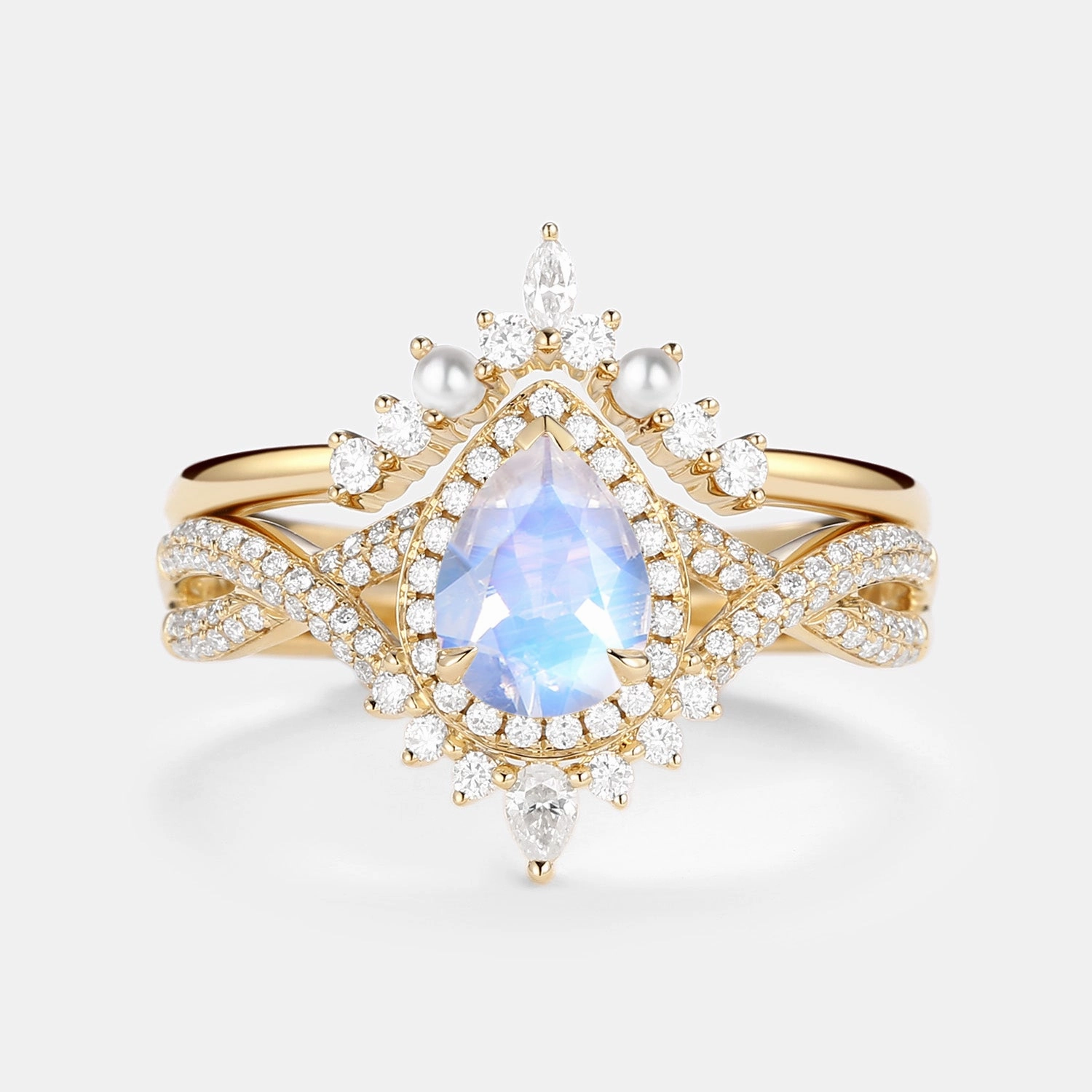 Dainty Design 1.5ct Pear Moonstone & Pearl Halo Infinity Ring Set 2pcs
