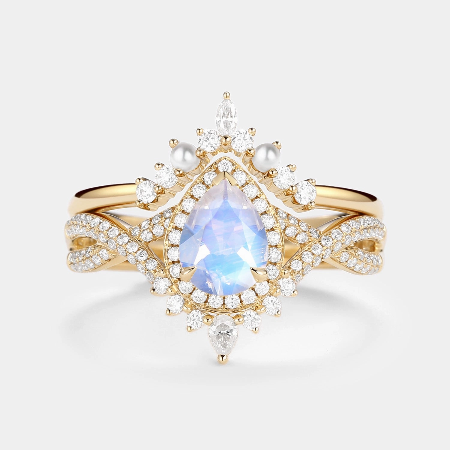 1.5ct Pear Moonstone & Pearl Halo Infinity Ring Set 2pcs Event Favorite