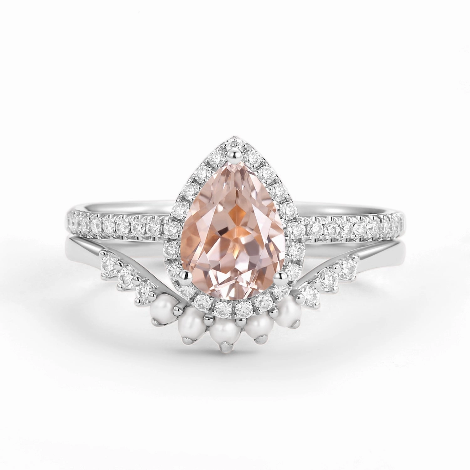 Trendy Detail 1.5ct Pear Morganite Pearl-fect Classic Halo Ring Set 2pcs