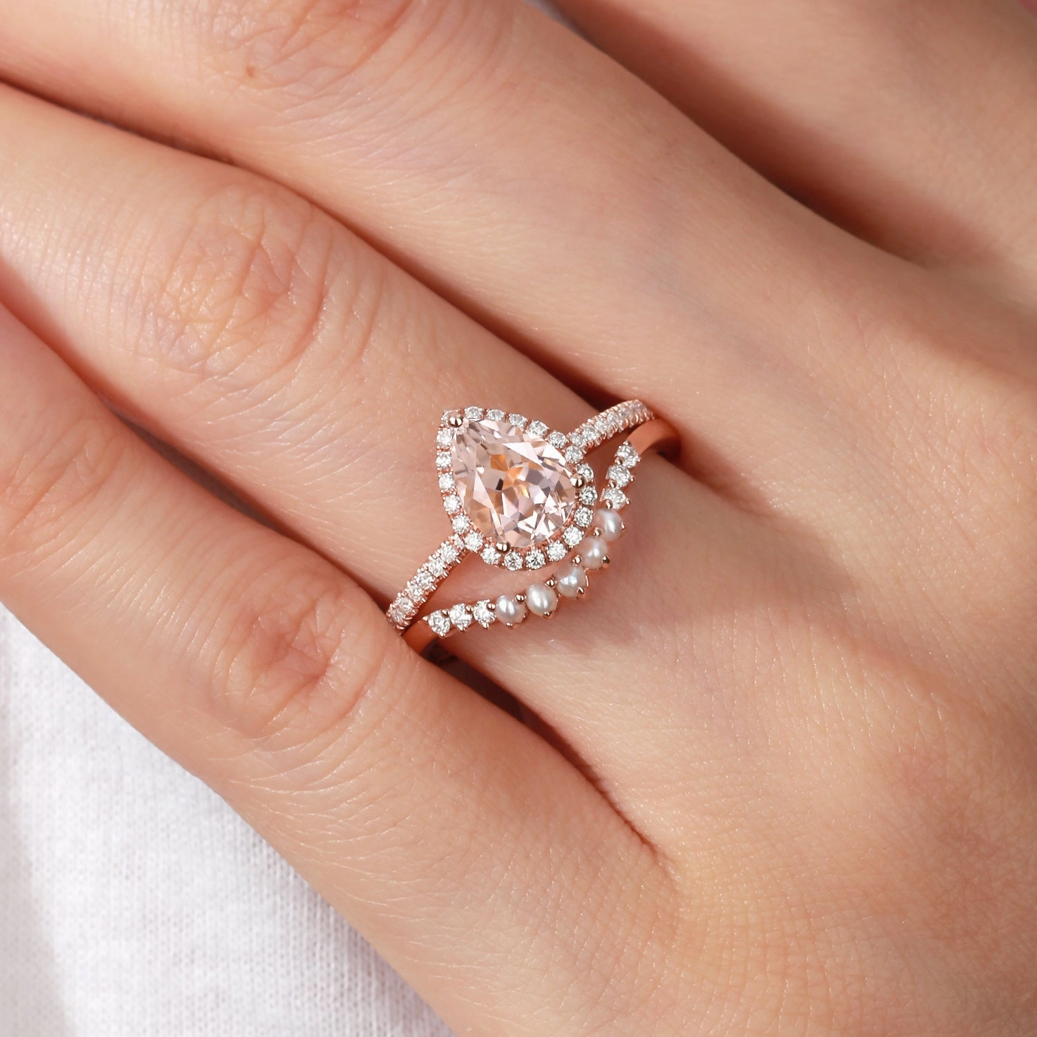 Handcrafted Form Distinctive Style Pieces 1.5ct Pear Morganite Pearl-fect Classic Halo Ring Set 2pcs