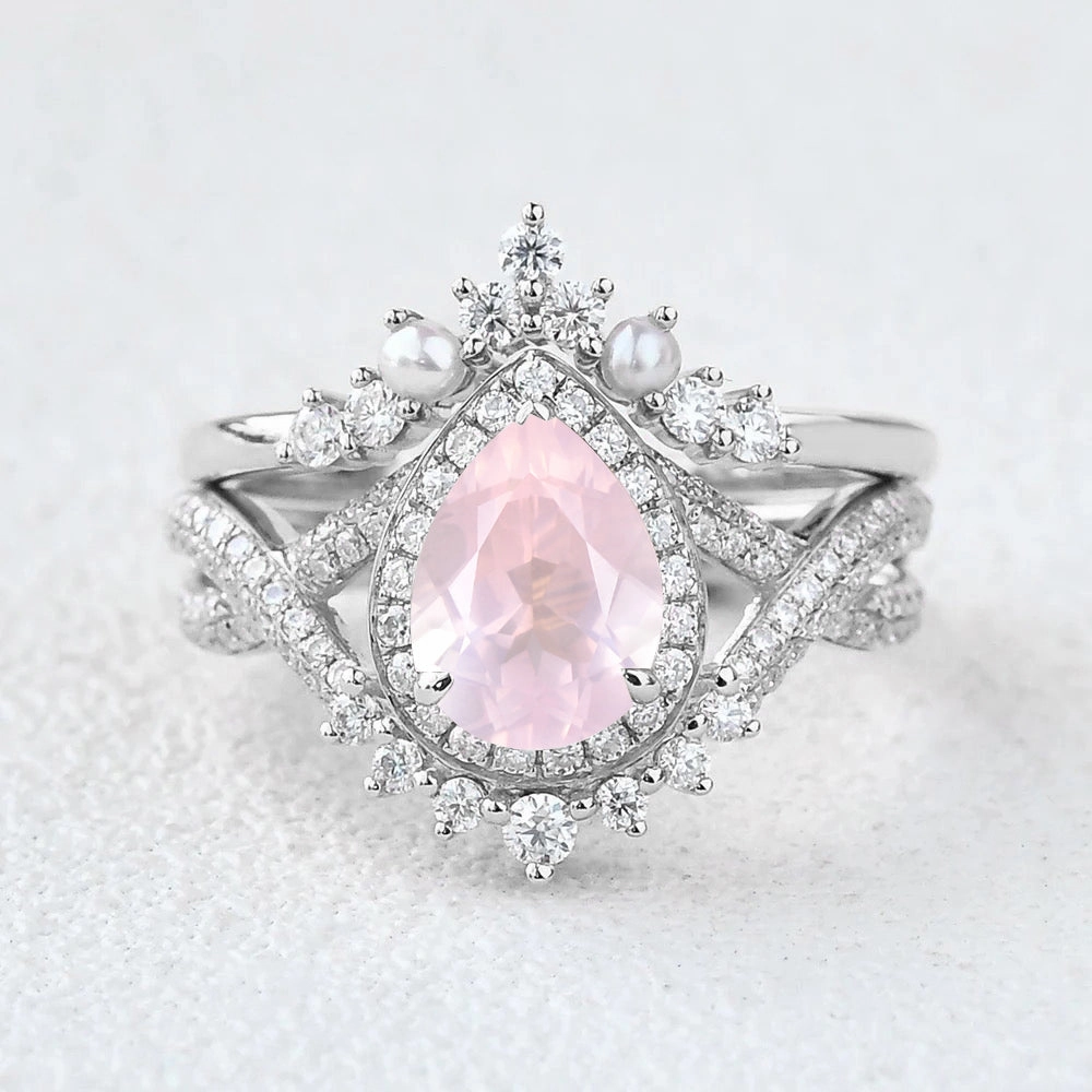 1.5ct Pear Rose Quartz Vintage Halo Infinity Ring Set 2pcs - Katherine Precious Treasures Cultural Touch