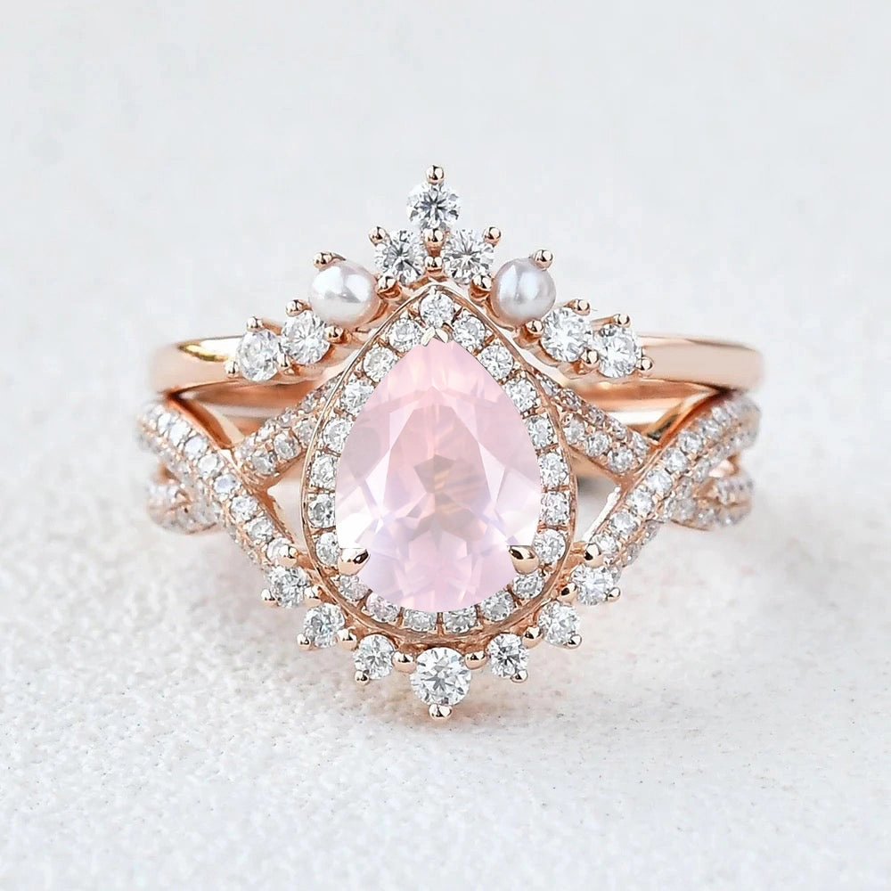 Crisp Finish 1.5ct Pear Rose Quartz Vintage Halo Infinity Ring Set 2pcs - Katherine