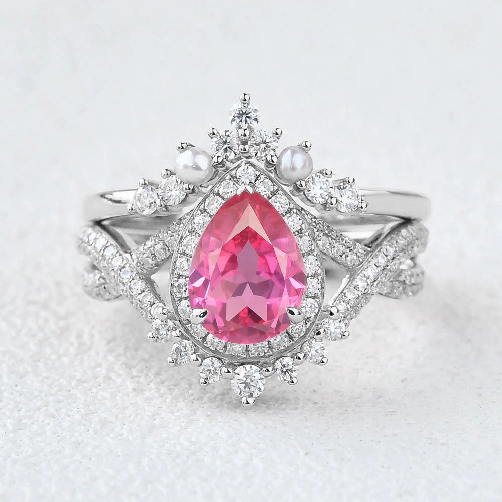 Timeless Craft Design 1.5ct Pear Rose Quartz Vintage Halo Infinity Ring Set 2pcs - Katherine