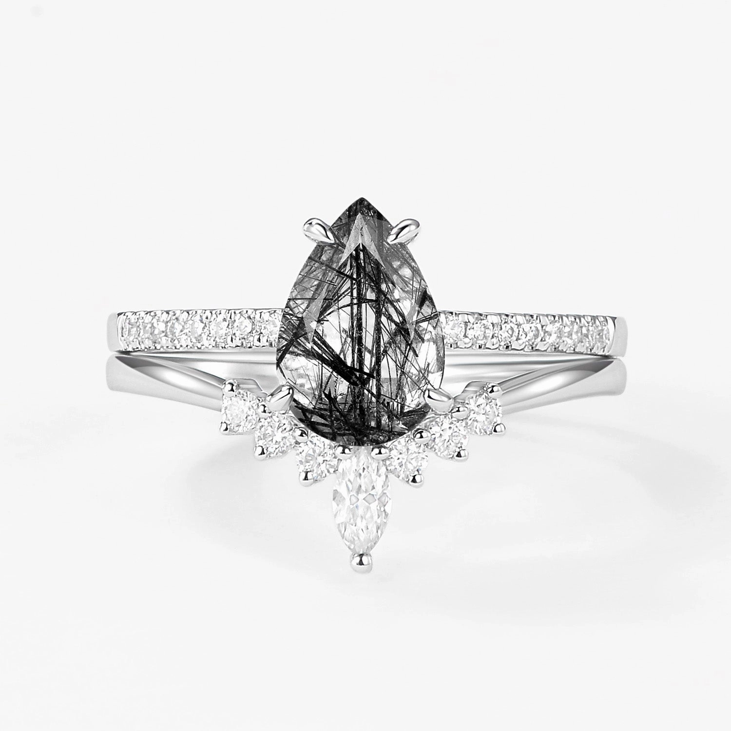 Effortless Glimmer 1.5ct Pear Shaped Black Rutilated Quartz Engagement Ring Set 2pcs
