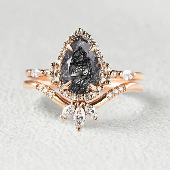 Luxe Moment Structured Design 1.5ct Pear Shaped Black Rutilated Quartz Halo Ring Set 2pcs