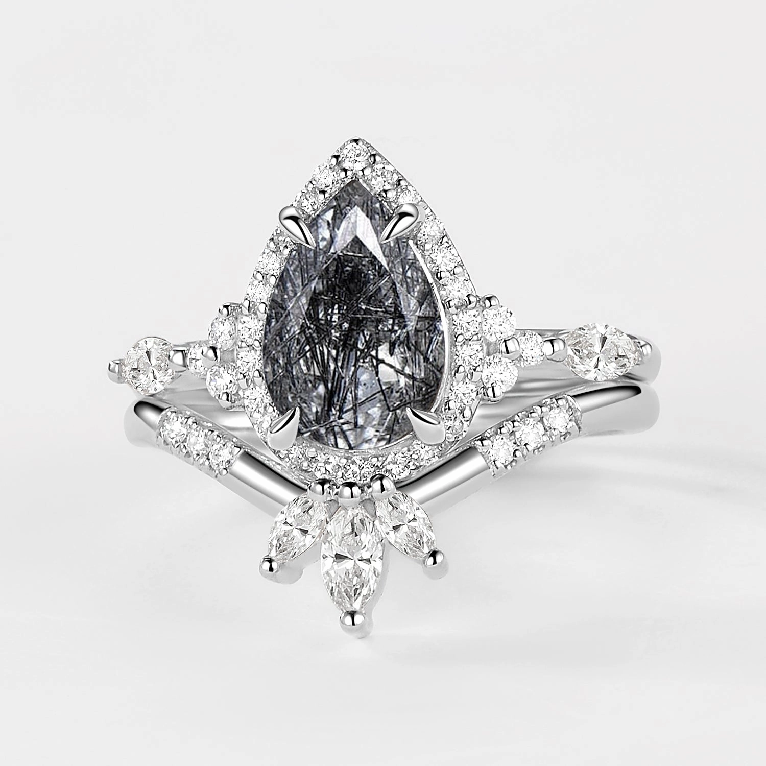 Fusion Form 1.5ct Pear Shaped Black Rutilated Quartz Halo Ring Set 2pcs