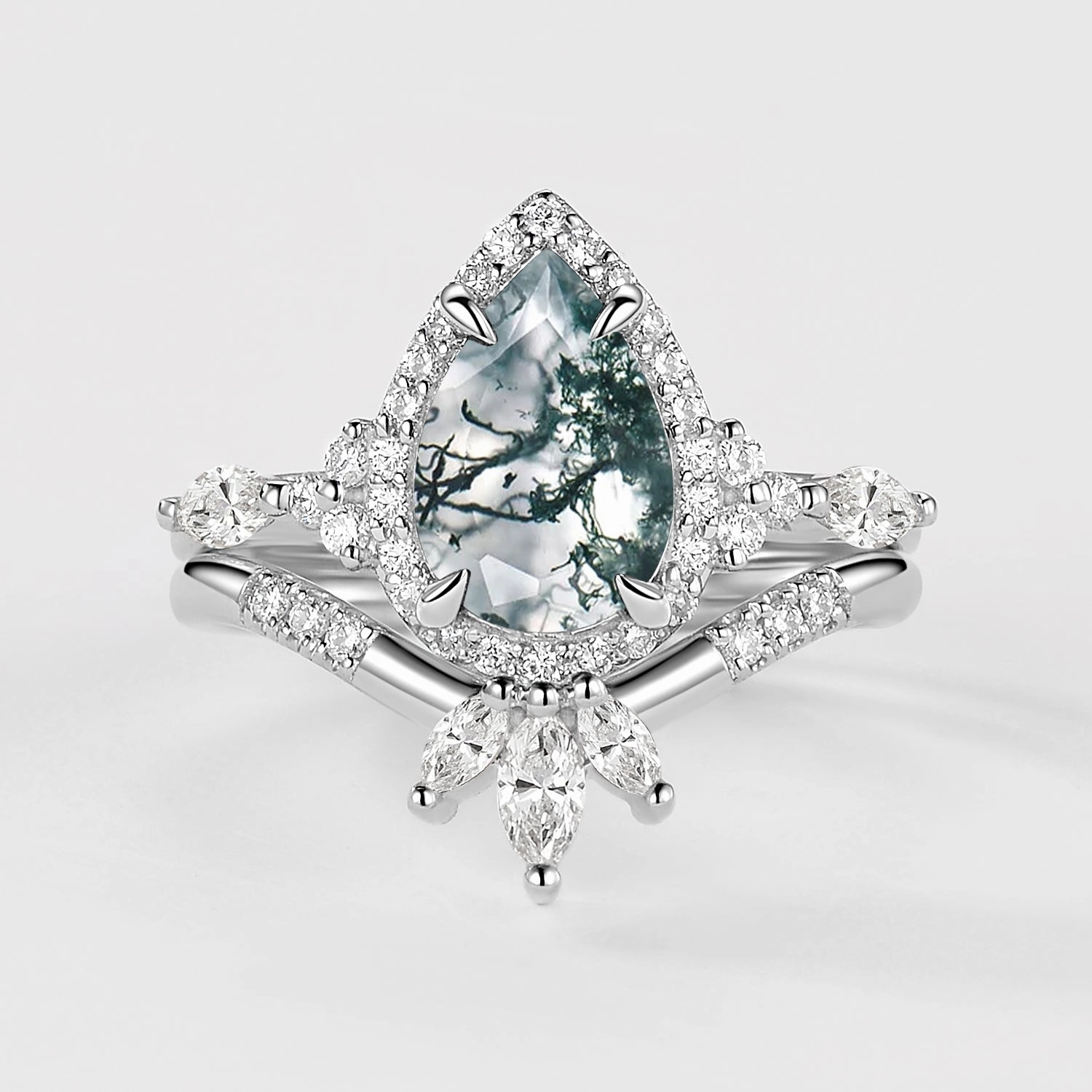 1.5ct Pear Shaped Black Rutilated Quartz Halo Ring Set 2pcs Chic Sparkle