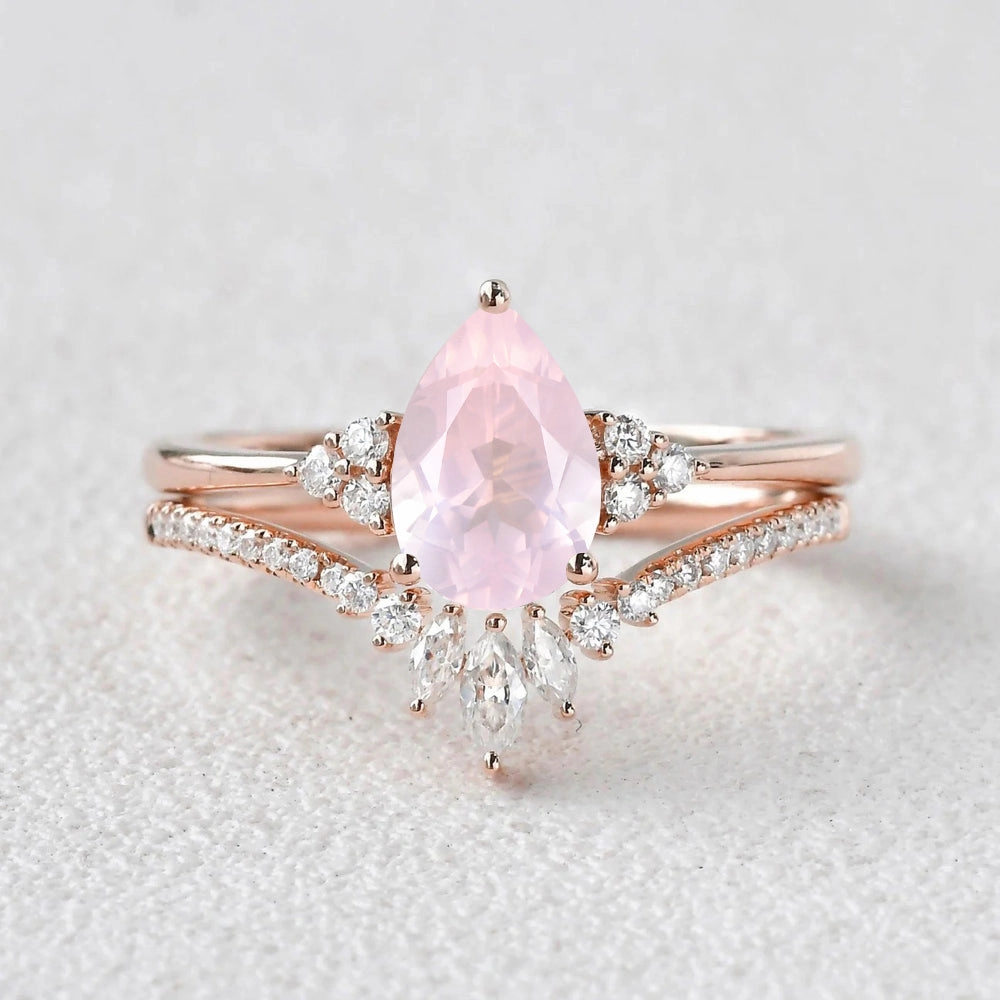 Modern Outfit 1.5ct Rose Quartz Pear Vintage Ring Set 2pcs - Lydia