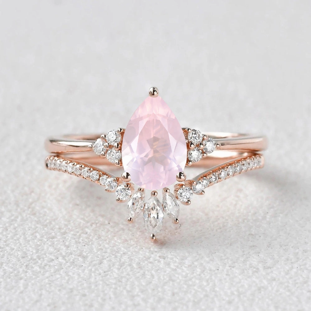 1.5ct Rose Quartz Pear Vintage Ring Set 2pcs - Lydia Charming Features Timeless Fit