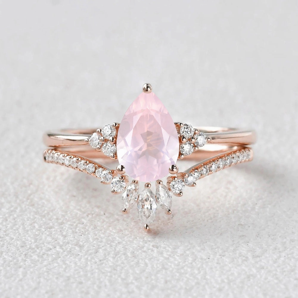 Timeless Match Bridal Touch 1.5ct Rose Quartz Pear Vintage Ring Set 2pcs - Lydia