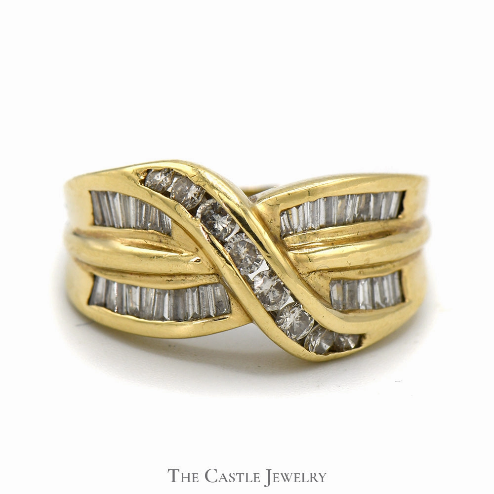 Mother??s Day Hypoallergenic Accessory 1.5cttw Channel Set Baguette and Round Diamond Crossover Band in 14k Yellow Gold