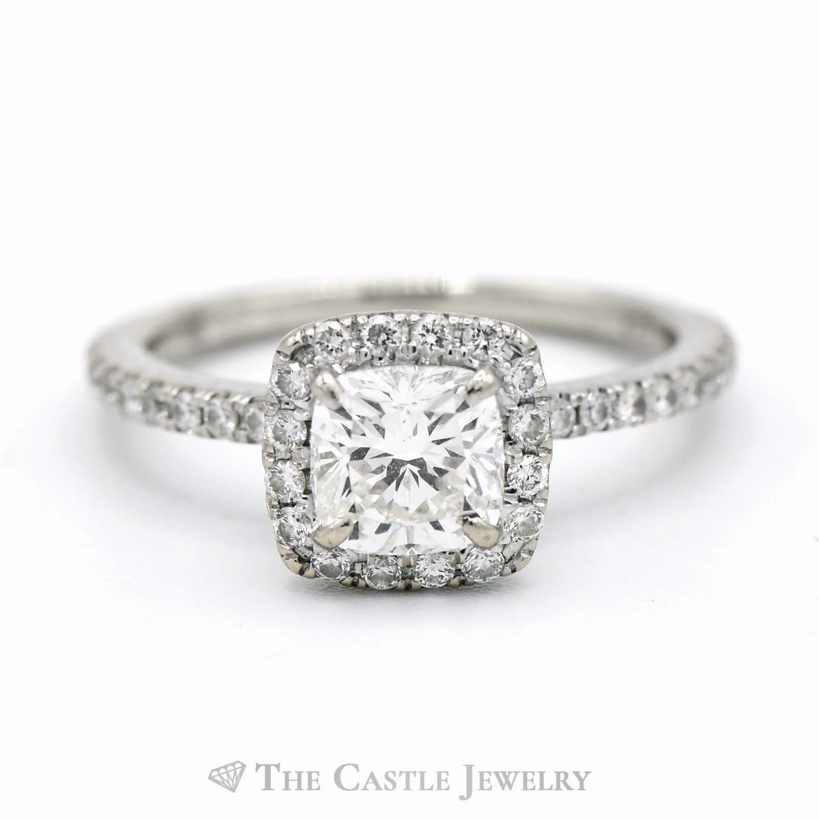 Glamorous Item 1.5cttw Cushion Cut Diamond Engagement Ring with Diamond Halo and Accents in 18k White Gold