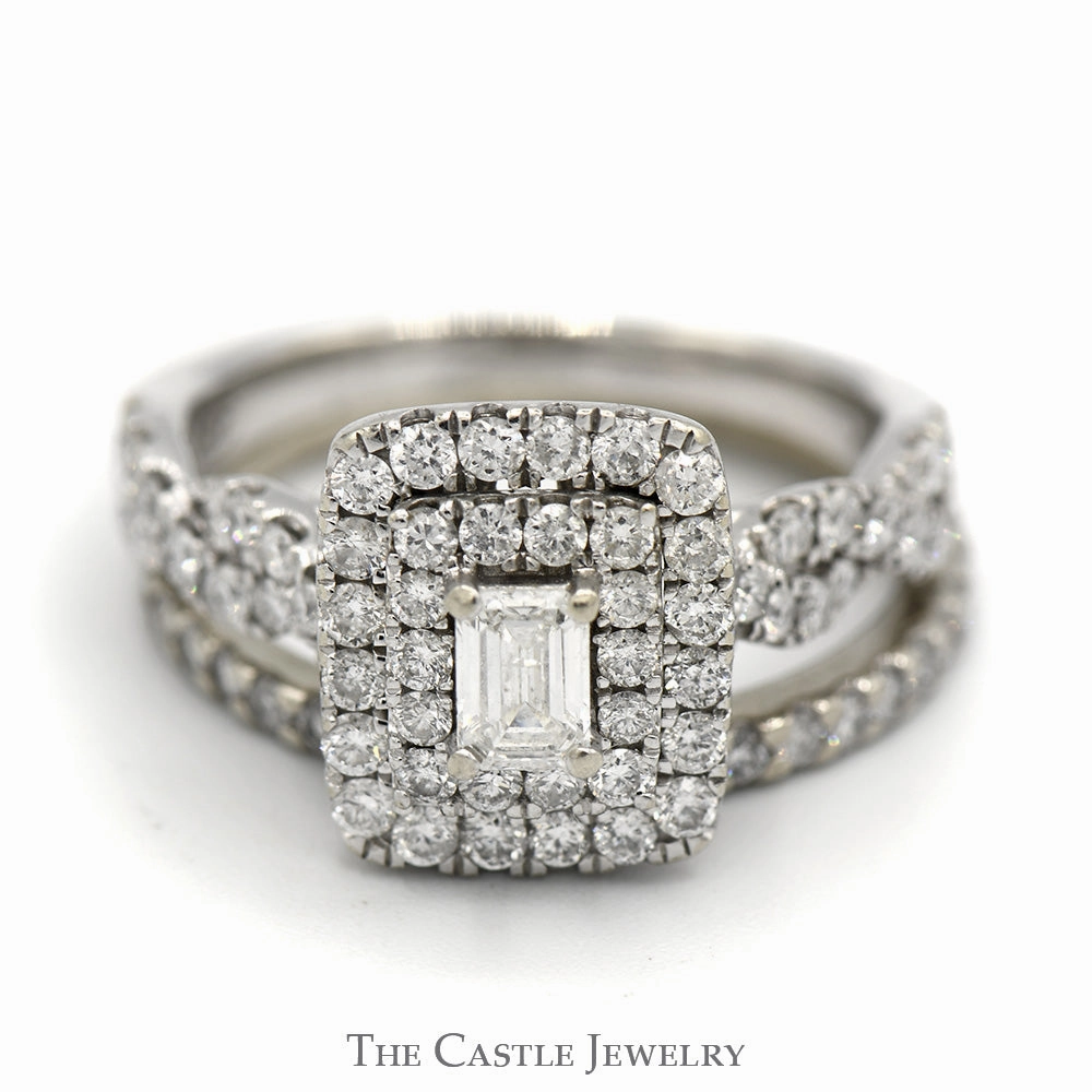 Forward Thinking Contemporary Adornment 1.5cttw Emerald Cut Diamond Bridal Set with Double Diamond Halo and Accents and Matching Band in 10k White Gold