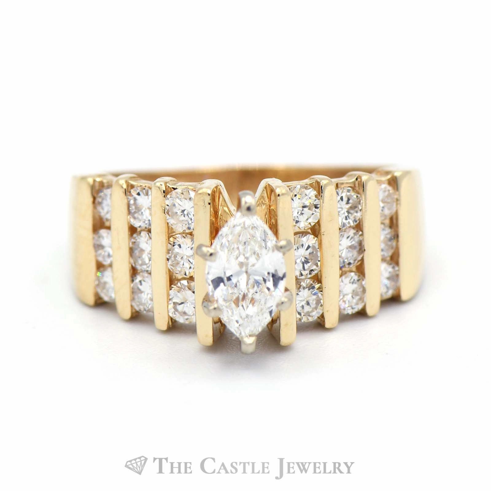 1.5cttw Marquise Diamond Engagement Ring with Round Diamond Columns in 14k Yellow Gold Ready Made Romantic Present