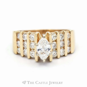 1.5cttw Marquise Diamond Engagement Ring with Round Diamond Columns in 14k Yellow Gold Ready Made Romantic Present