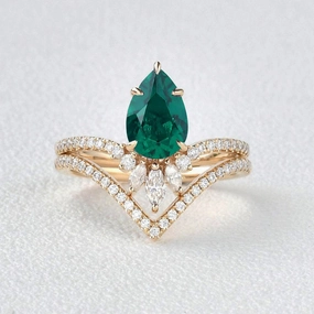 1.7ct Pear Emerald Classic Vintage Ring Set 2pcs - Mila Charming Shine Perfect Fit