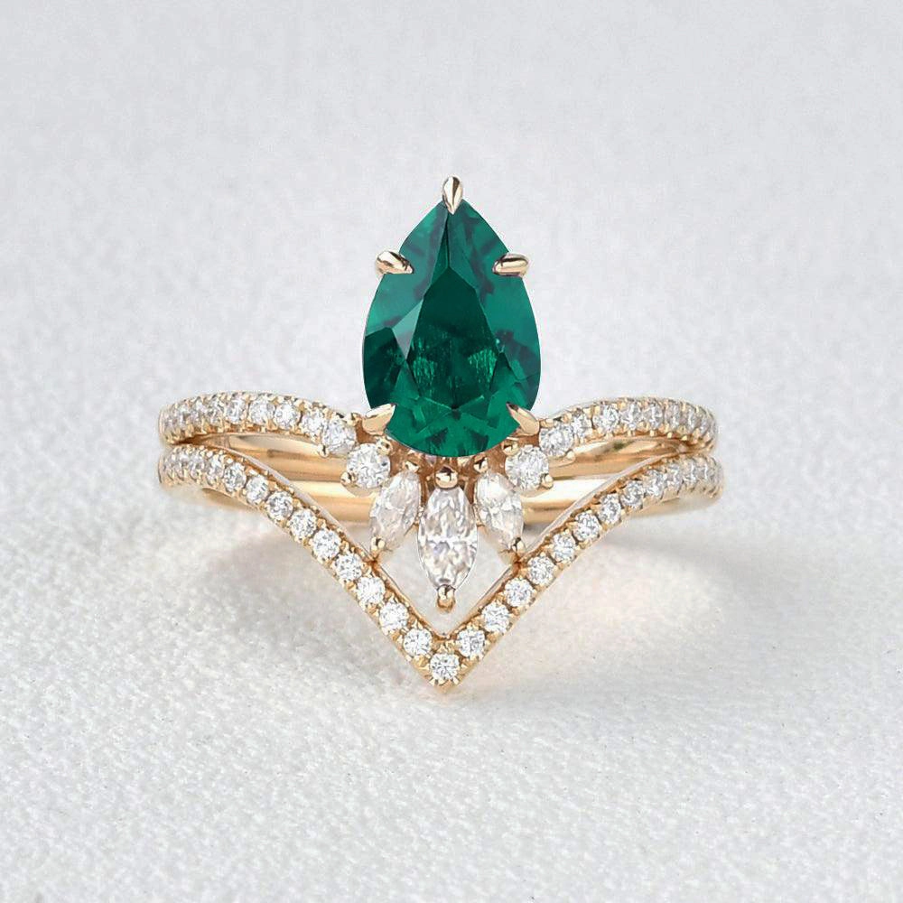 1.7ct Pear Emerald Classic Vintage Ring Set 2pcs - Mila Charming Shine Perfect Fit