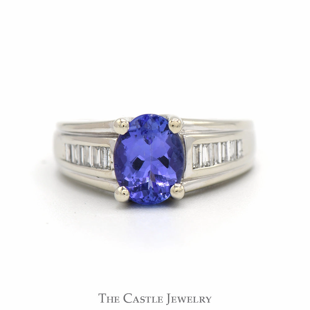 1.97ct Oval Tanzanite Solitaire Ring with Baguette Cut Diamond Accented Sides in 14k White Gold Luxury Simplicity