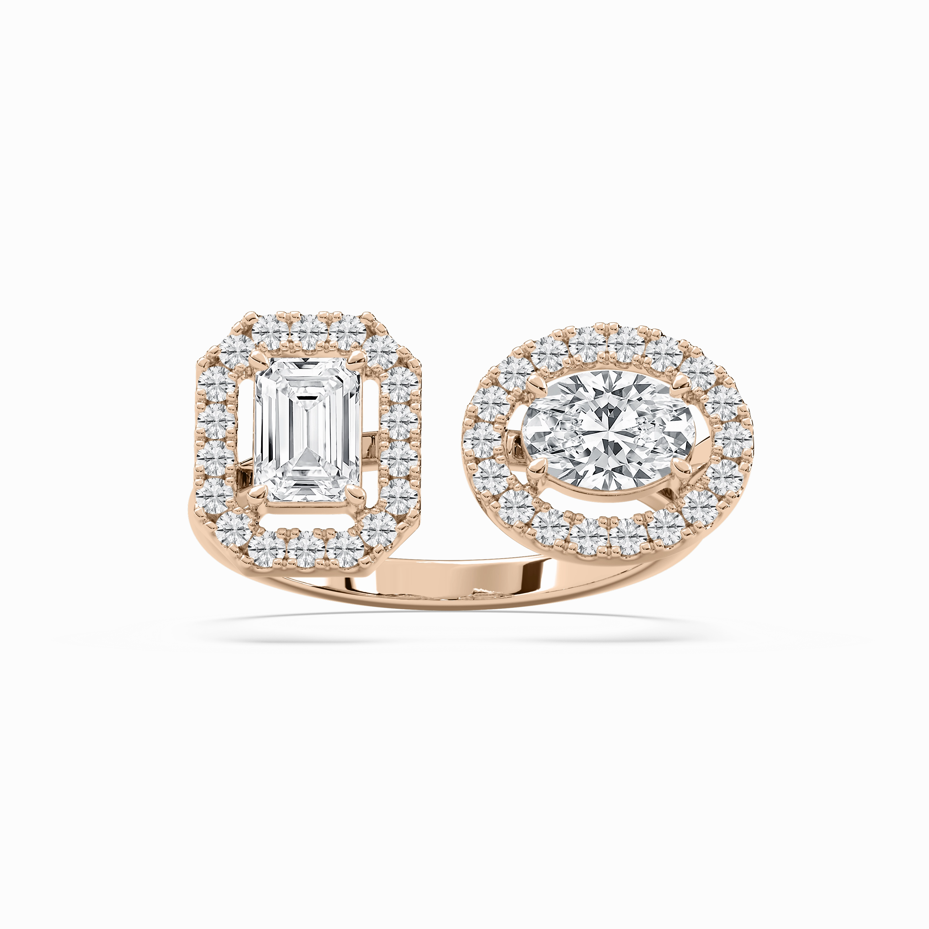 1 ? ctw Emerald, Oval and Round Lab Grown Diamond Halo Toi et Moi Ring Soft Glow