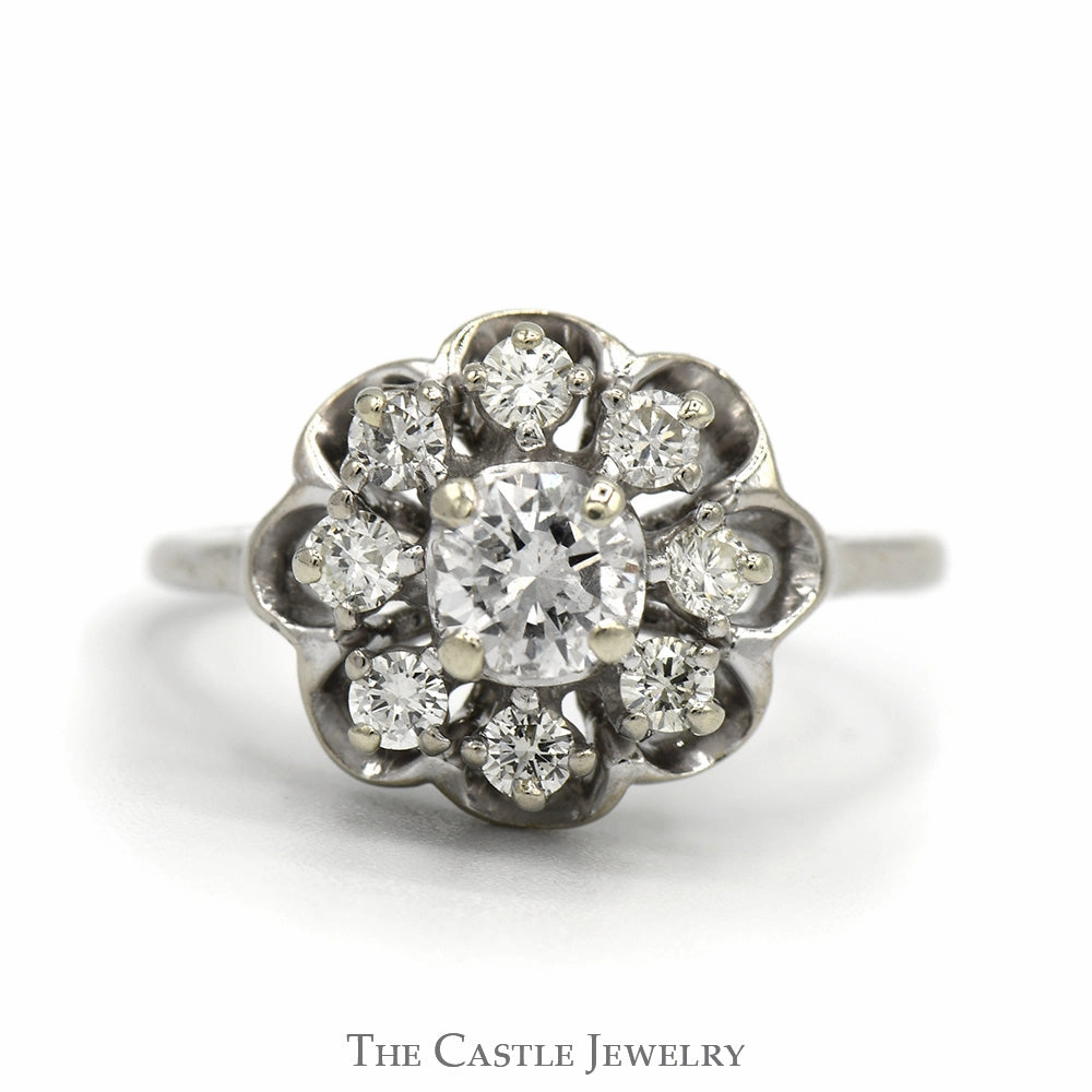 1cttw 9 Diamond Flower Cluster Ring in 14k White Gold Scalloped Mounting Romantic Product Group Identity